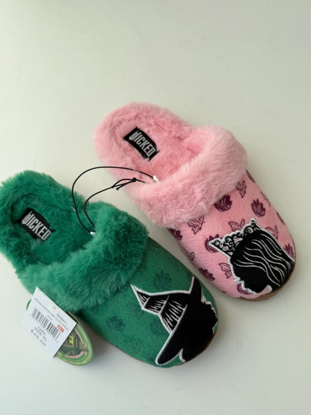 WICKED New $20 Girls XL Pink Green Slip On Fuzzy Faux Fur Slippers GSBox